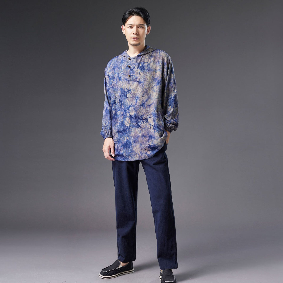Autumn NEW! Men Natural Dyed Linen and Cotton Pullover Long Sleeve Tops Hoodie