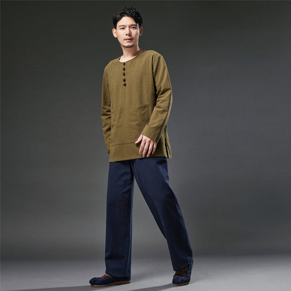 2021 Autumn NEW! Men Retro Style Linen and Cotton Pullover Long Sleeve T-shirt