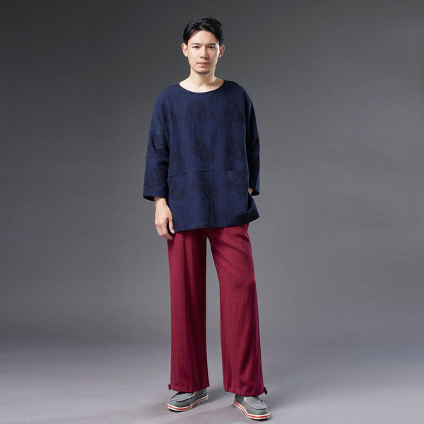 Men Causal Style Round Neck Linen and Cotton bracket 3/4 Sleeve Jacquard Tops