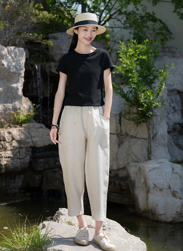 2022 Summer NEW! Women Retro Style Sand Washed Linen and Cotton Font Pocket Pegged Pants