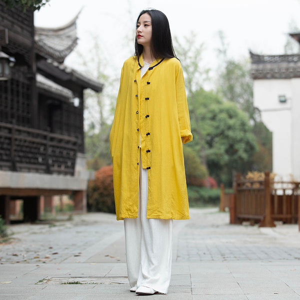 Women Round Collar Asian Style Linen and Cotton Long-sleeved Coat