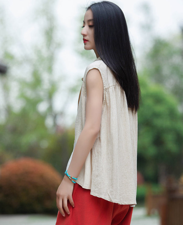 Women Sand-Washed Linen and Cotton Long Sleeveless Shirt