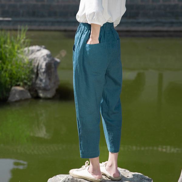 2022 Summer NEW! Women Retro Style Sand Washed Linen and Cotton Font Pocket Pegged Pants