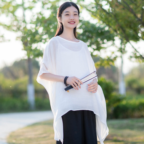 2022 Summer NEW! Women Modern Loose Style Linen and Cotton Round Necked Elbow Sleeves Shirt