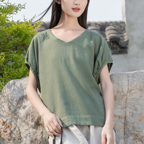 2022 Summer NEW! Women Retro Style Linen and Cotton V-Necked Short Sleeves Shirt