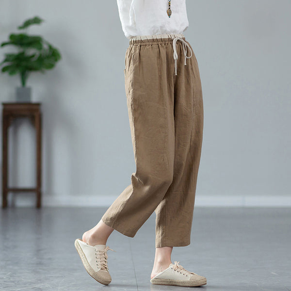 2022 Summer NEW! Women Retro Style Linen and Cotton Waist Belt Cropped Pegged Pants