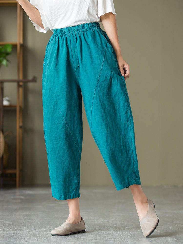 Autumn NEW! Women Lantern Style Linen and Cotton Causal Loose Patchwork Cropped Capris