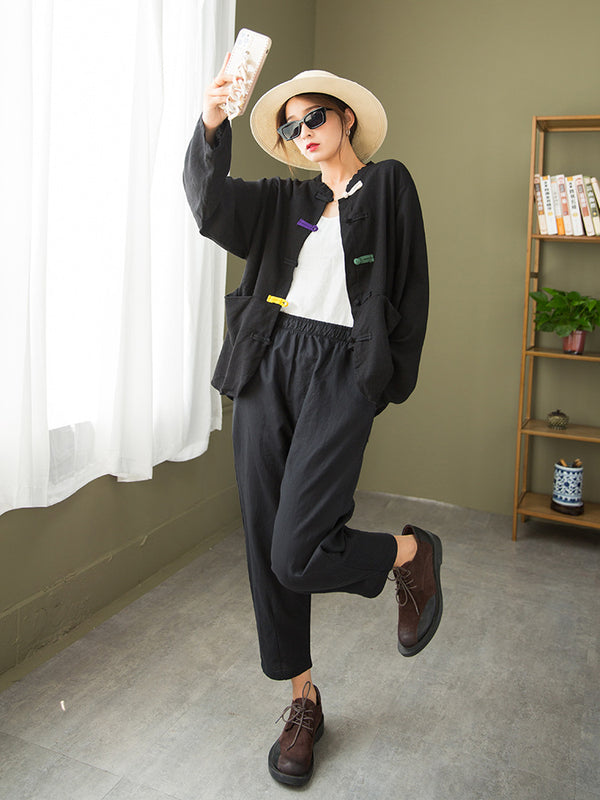 2021 Autumn NEW! Women Round Collar Zen Style Linen and Cotton Long Sleeves Thin Cardigan Jacket and Pants