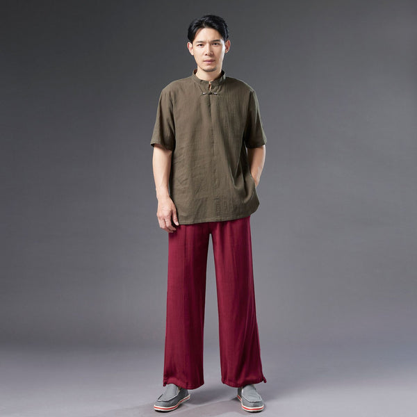 Men Causal Style Round Collar Buckle Linen and Cotton Short Sleeve Tops