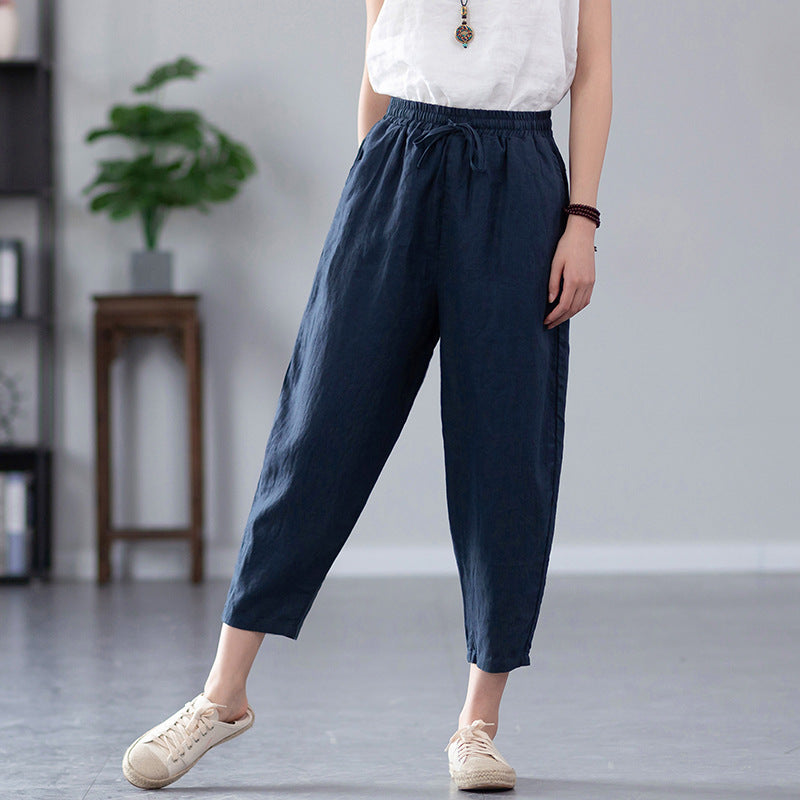 Summer NEW! Women Causal Style Linen and Cotton Waist Belt Cropped Pegged Pants
