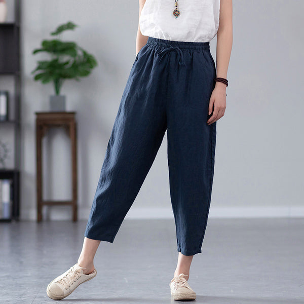 2022 Summer NEW! Women Causal Style Linen and Cotton Waist Belt Cropped Pegged Pants