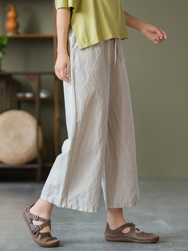 2021 Autumn NEW! Women Linen and Cotton Causal Cropped Wide Leg Pants