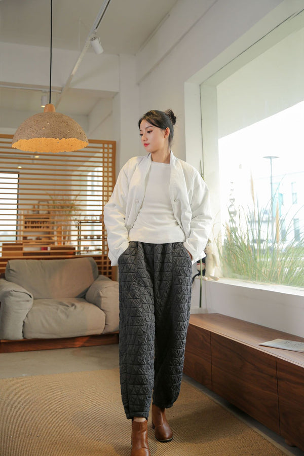 2021 Winter NEW! Women Linen and Cotton Hidden Grid Style Lantern Cropped Pants