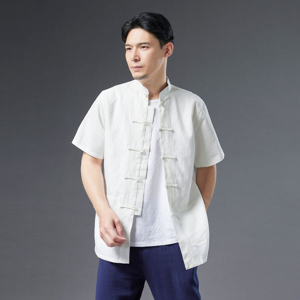 Men Retro Style Linen and Cotton Short Sleeve Pure Color Cardigan Shirts