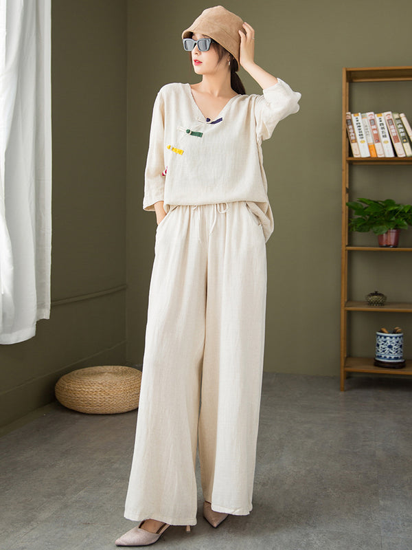 2021 Autumn NEW! Women Round Collar Zen Style Linen and Cotton Long Sleeves Side Cardigan Jacket and Pants