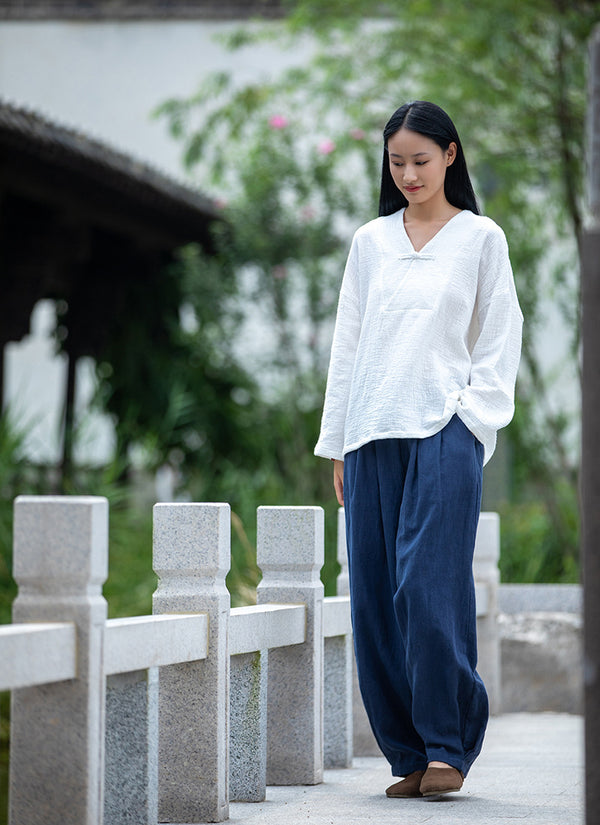 2021 Autumn NEW! Women Asian Style Linen and Cotton Long Sleeves V-necked Chinese Blouse