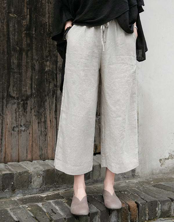 Women Casual Style Linen and Cotton Lantern Cropped Wide Leg Pants