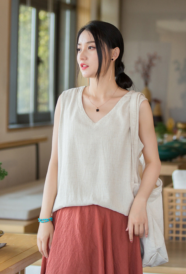 Summer NEW! Women Modern Style Linen and Cotton V-necked Vest