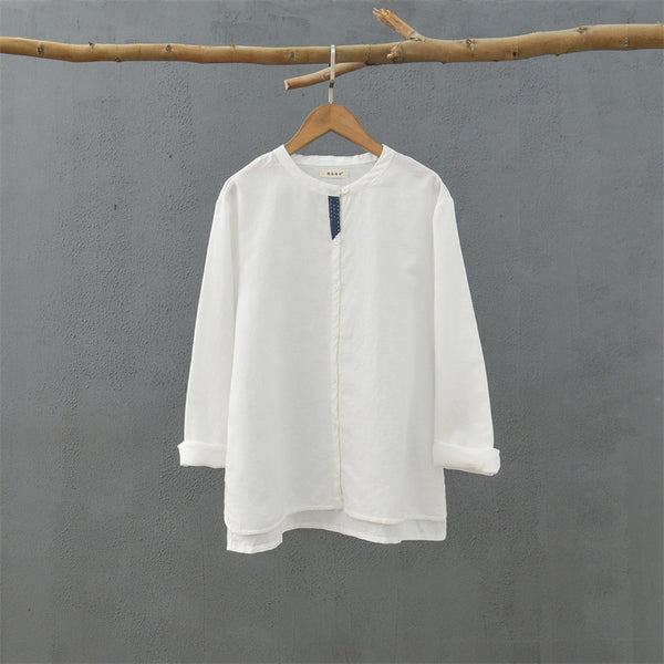2021 Autumn NEW! Women Simple Style Linen and Cotton Pure Color Light Cardigan Round Neck Shirt