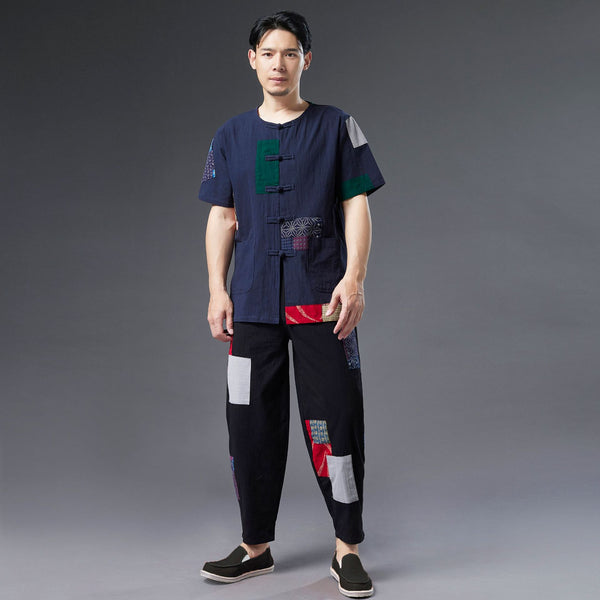 Men Casual Retro Style Patchwork Linen and Cotton Loose Drawstring Pants