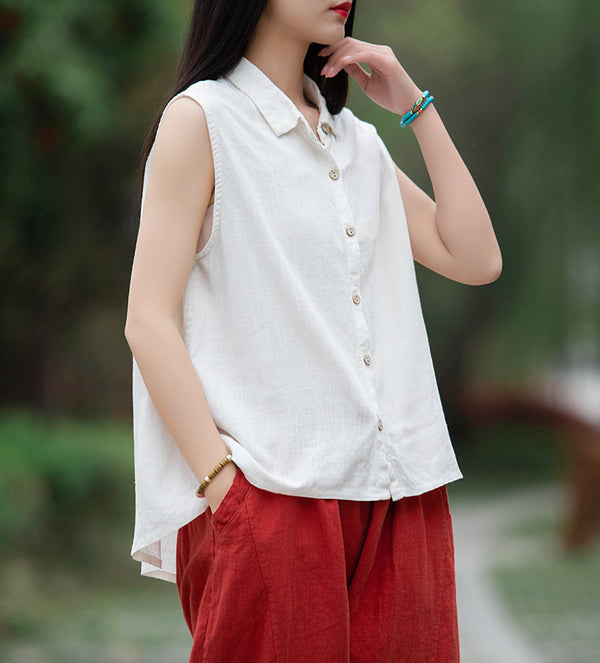 Women Sand-Washed Linen and Cotton Long Sleeveless Shirt