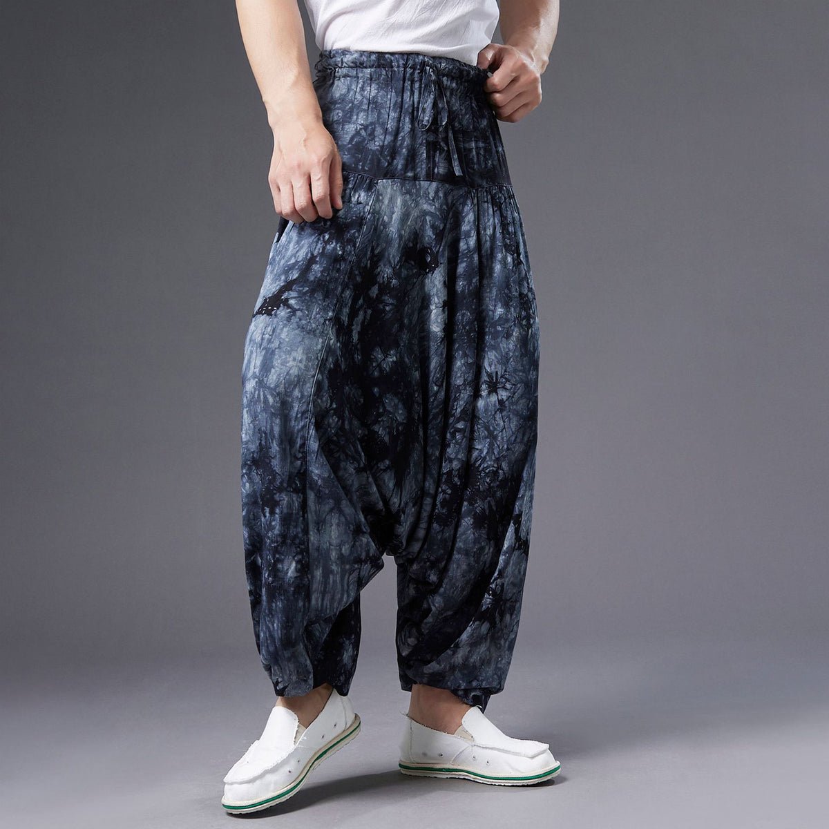 Men Retro Style Linen and Cotton Loose Dyed Color Drawstring Pants