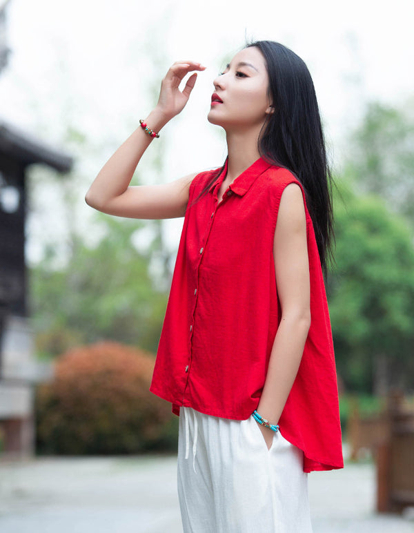 Women Sand-Washed Linen and Cotton Long Sleeveless Shirt