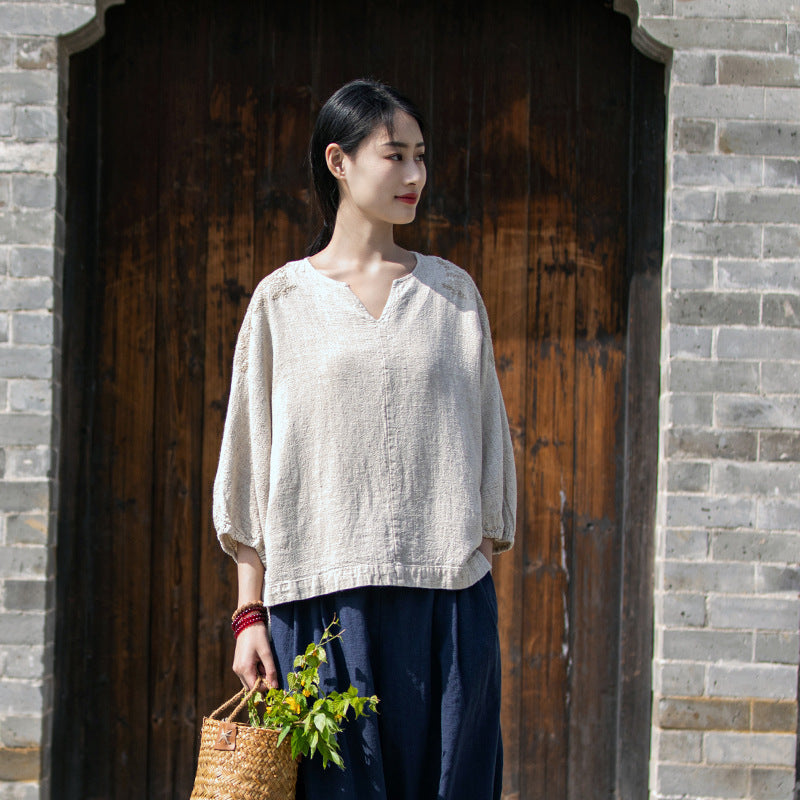 Summer NEW! Women Simple Style Wrinkled Linen and Cotton V Necked Bracelet Sleeves Shirt