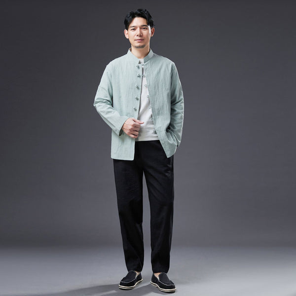 2022 Summer NEW! Men Easten Style Sand Washed Linen and Cotton Long Sleeve Middle Buckle Thin Jacket