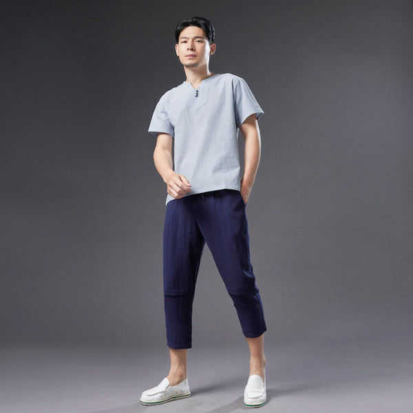 Men Causal Style V Neck Buckle Linen and Cotton Short Sleeve Tops