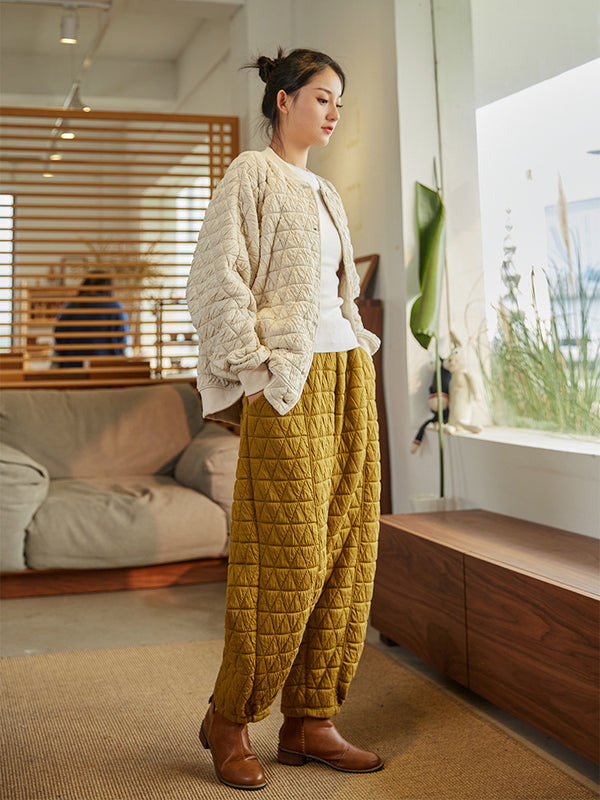 2021 Winter NEW! Women Linen and Cotton Hidden Grid Style Lantern Cropped Pants