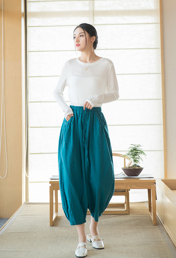 2022 Summer NEW! Women Modern Style Sand Washed Linen and Cotton Lantern Cropped Pants