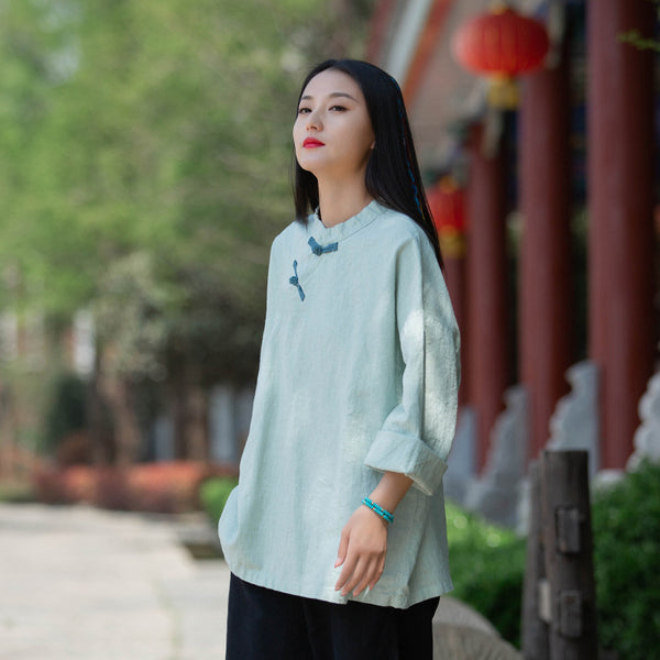 Women Sand-Washed Round Collar Zen Style Linen and Cotton Long Sleeves Side Cardigan Shirt