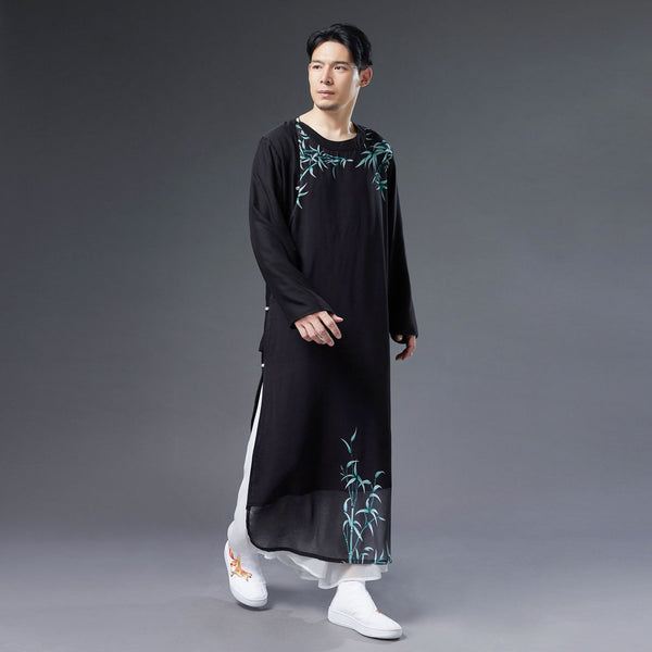 Men Classic Asian Style Linen Long Sleeve Round Neck Bamboo Printed Cheongsam