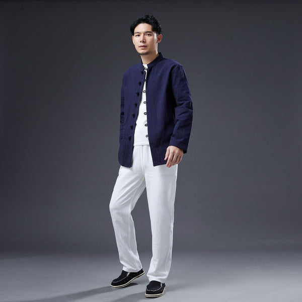 2022 Summer NEW! Men Easten Style Sand Washed Linen and Cotton Long Sleeve Middle Buckle Thin Jacket