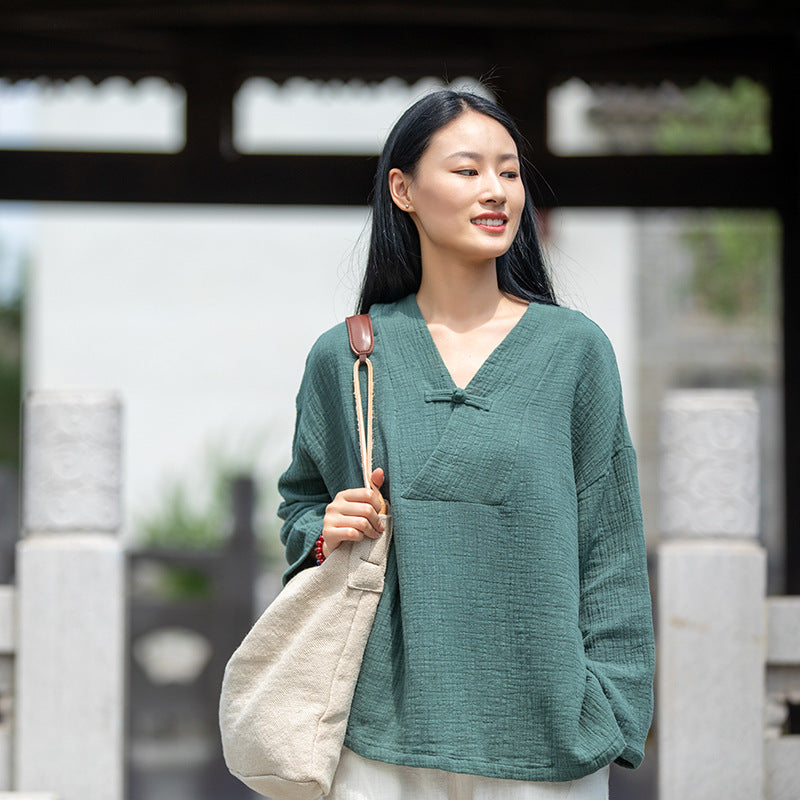 Autumn NEW! Women Asian Style Linen and Cotton Long Sleeves V-necked Chinese Blouse