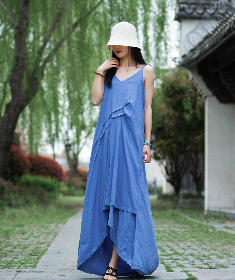 Women Loose Linen and Cotton Pure Color Layered Slip Dress Blue Women Loose Linen and Cotton Pure Color Layered Slip Dress Blue