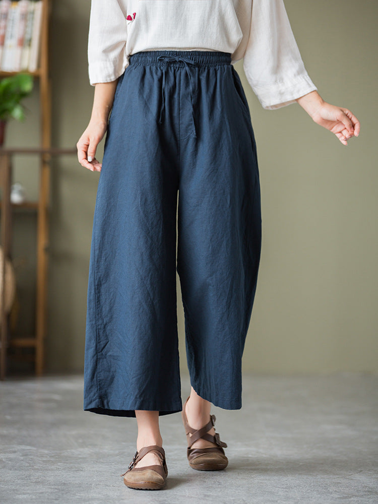 Autumn NEW! Women Linen and Cotton Causal Cropped Wide Leg Pants