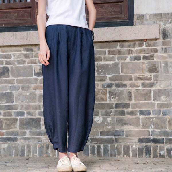 2022 Summer NEW! Women Simple Causal Lantern Style Sand Washed Linen and Cotton Cropped Pants