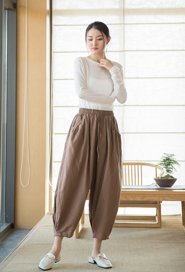 2022 Summer NEW! Women Modern Style Sand Washed Linen and Cotton Lantern Cropped Pants