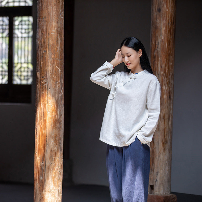 Autumn NEW! Women Retro Style Linen and Cotton Side Buckle Collar Chinese Blouse