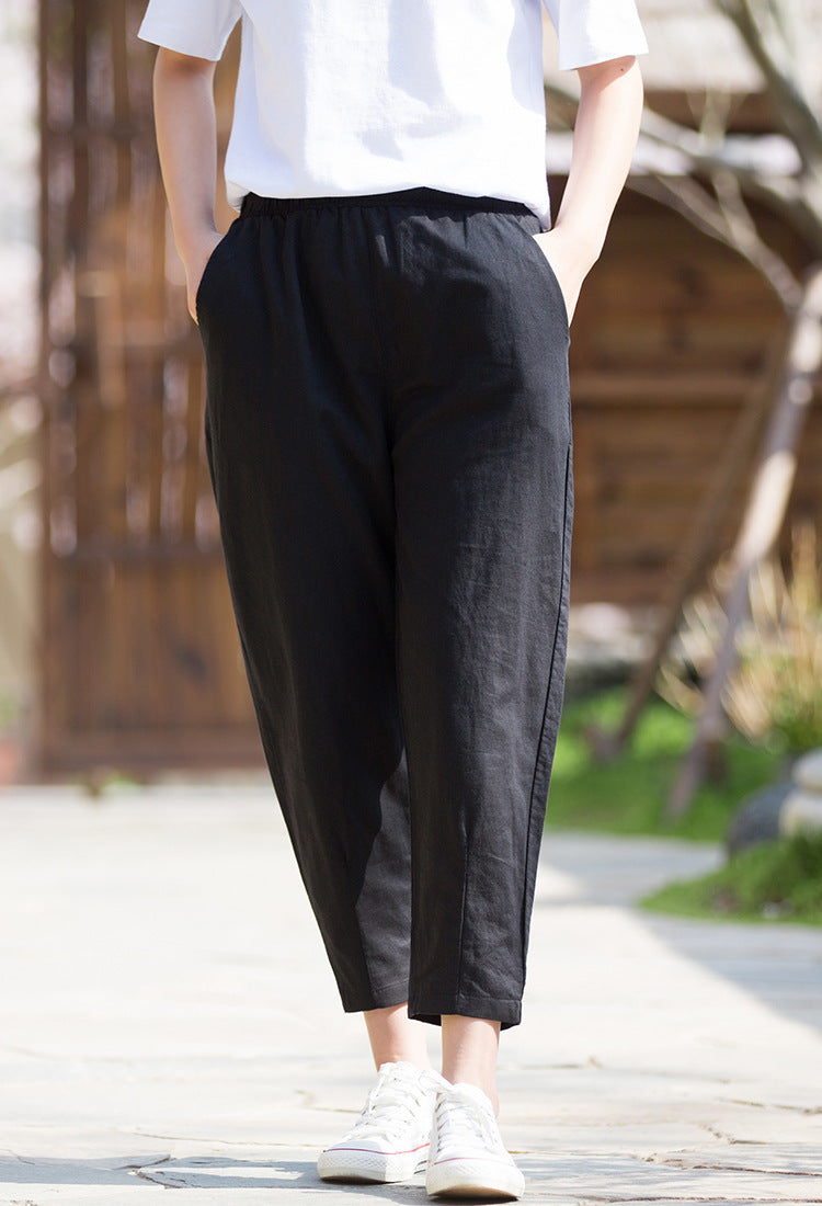 Summer NEW! Women Sporty Style Lantern Leisure Linen and Cotton Cropped Pants