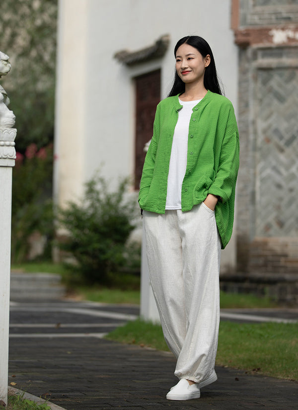 2021 Autumn NEW! Women Retro Style Linen and Cotton Pure Color Light Cardigan Shirt