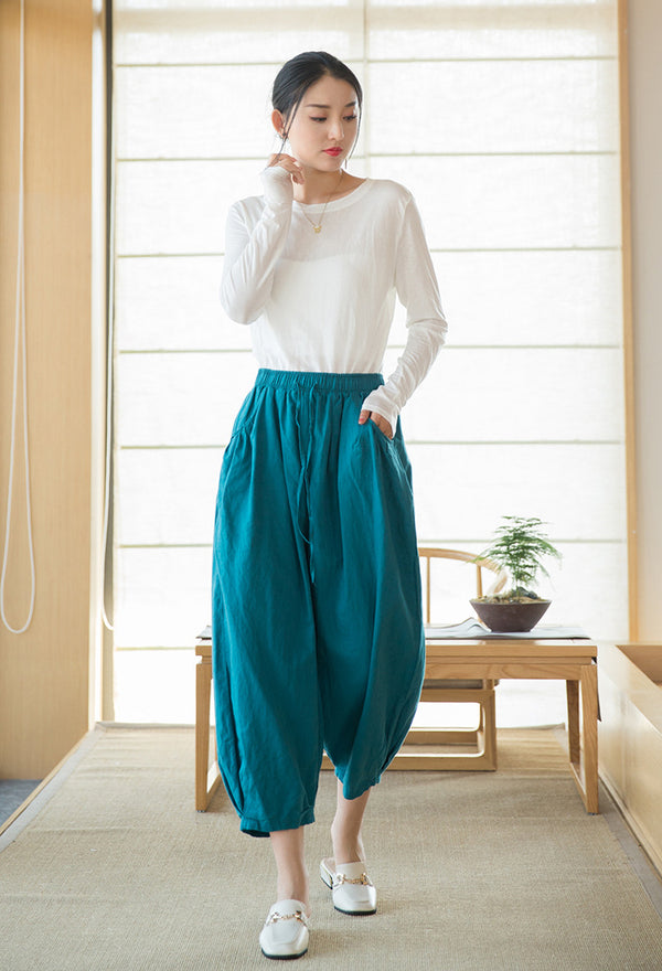 2022 Summer NEW! Women Modern Style Sand Washed Linen and Cotton Lantern Cropped Pants