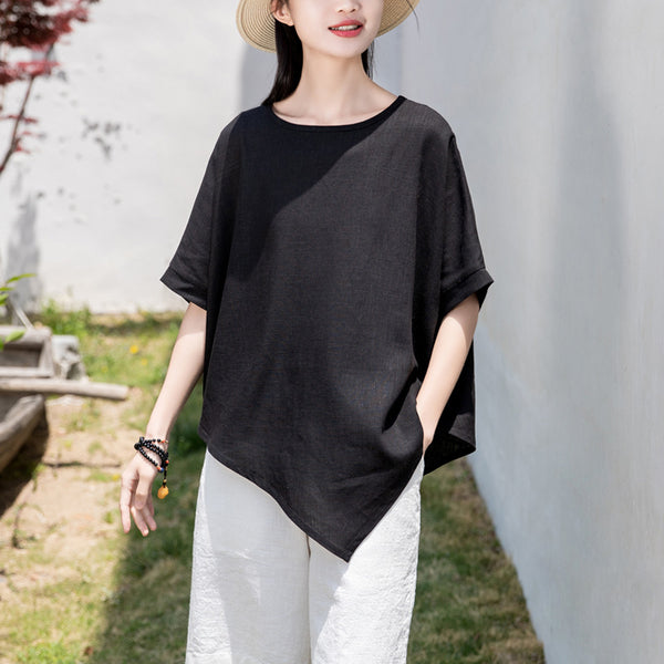 2022 Summer NEW! Women Modern Style Linen and Cotton Round Necked Mid-length Sleeves Shirt