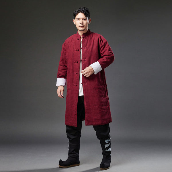 2021 Winter NEW! Men Retro Chinese Style Linen and Cotton Quilted Long Tunic Coat