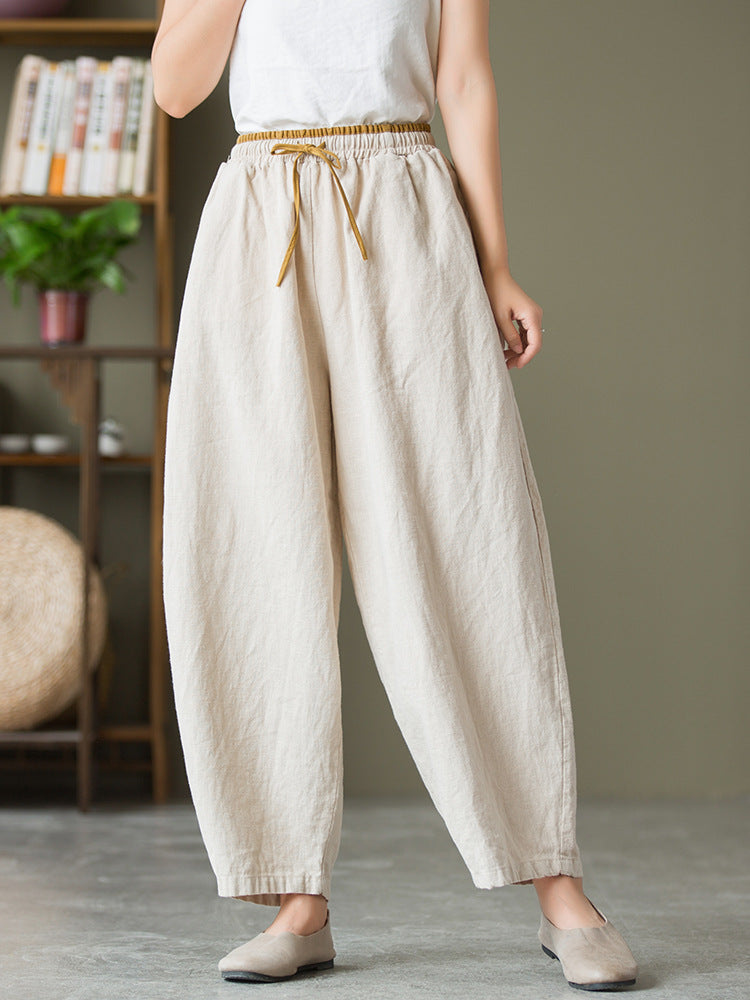Autumn NEW! Women Lantern Style Linen and Cotton Causal Loose with Waist Belt Cropped Pants