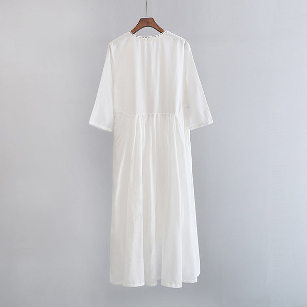 2022 Summer NEW! Women Loose Linen and Cotton V-Necked Middle Sleeve Maxi Dress