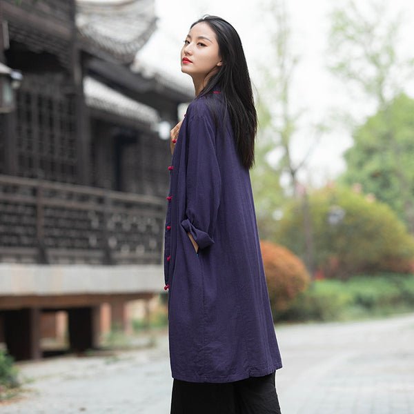 Women Round Collar Asian Style Linen and Cotton Long-sleeved Coat