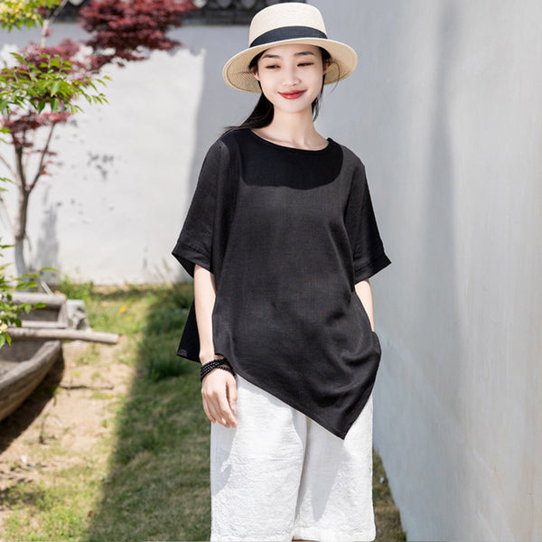 2022 Summer NEW! Women Modern Style Linen and Cotton Round Necked Mid-length Sleeves Shirt